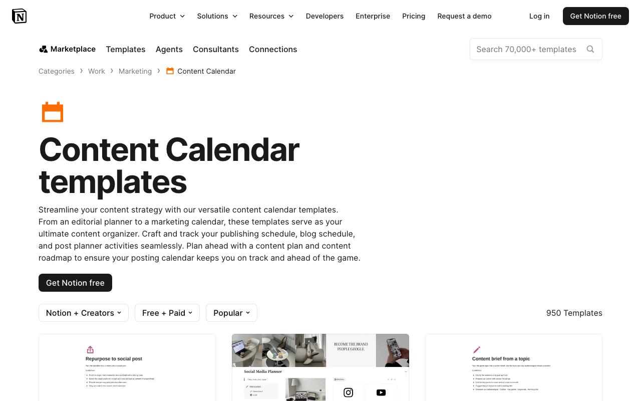 Notion Content Calendar Templates landing page