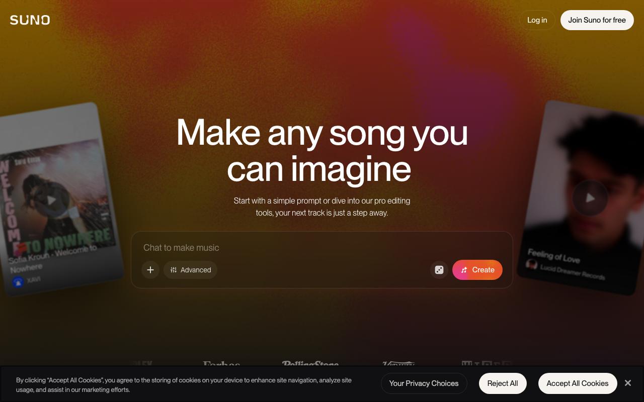 Suno landing page