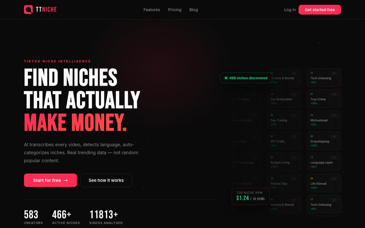 TTNiche landing page